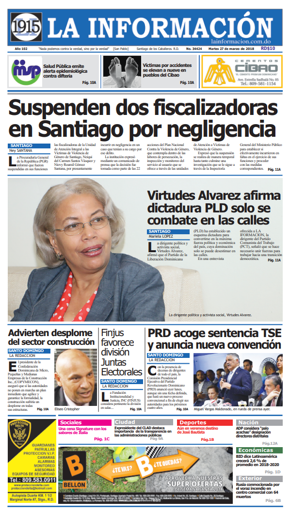 Portada Periódico La Información, Martes 27 de Marzo 2018
