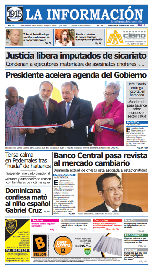 Portada Periódico La Información, Miércoles 14 de Marzo 2018