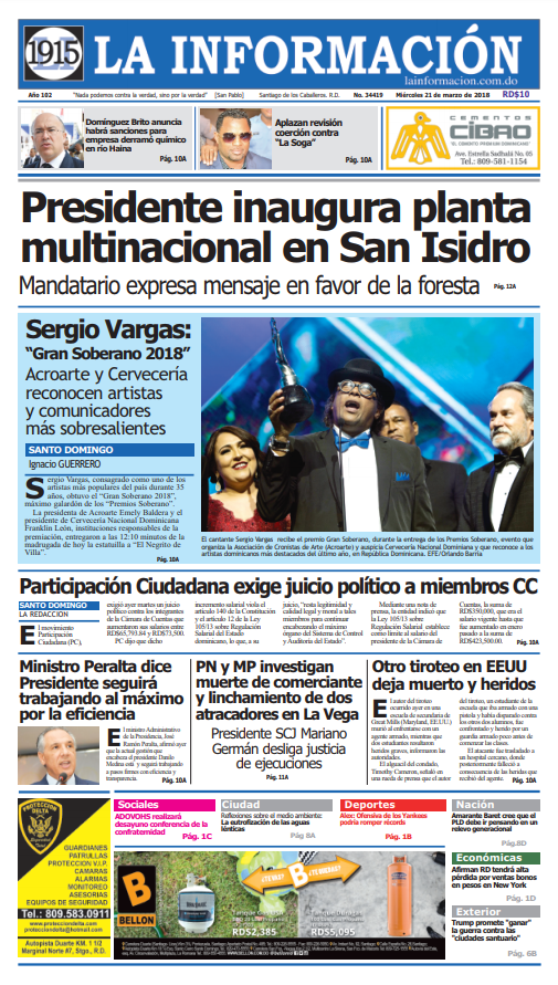 Portada Periódico La Información, Miércoles 21 de Marzo 2018