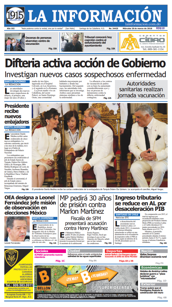 Portada Periódico La Información, Miércoles 28 de Marzo 2018