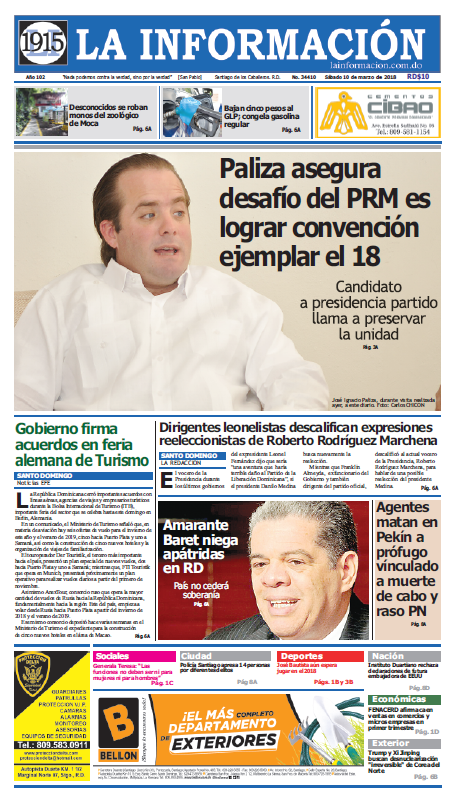 Portada Periódico La Información, Sábado 10 de Marzo 2018