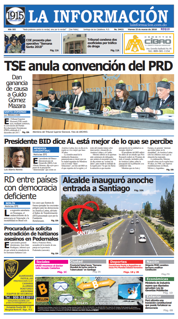 Portada Periódico La Información, Viernes 23 de Marzo 2018