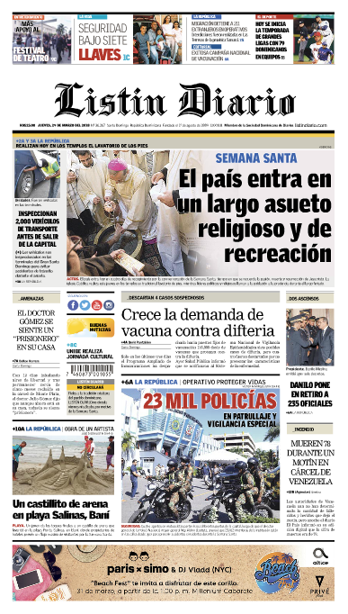 Portada Periódico Listín Diario, Jueves 29 de Marzo 2017