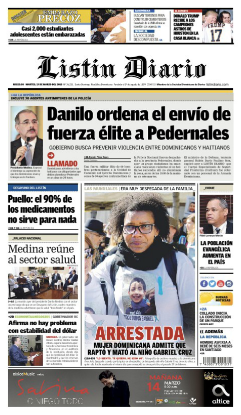 Portada Periódico Listín Diario, Martes 13 de Marzo 2018