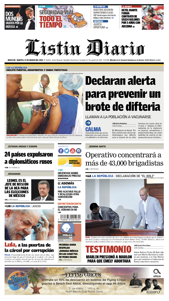 Portada Periódico Listín Diario, Martes 27 de Marzo 2018
