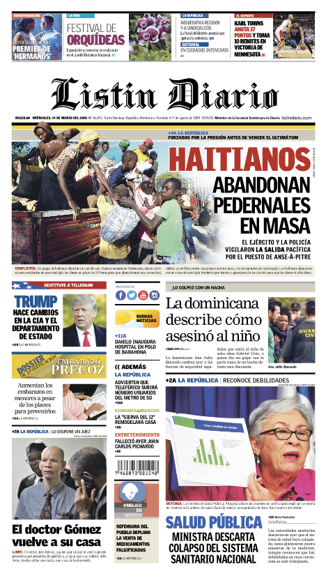 Portada Periódico Listín Diario, Miércoles 14 de Marzo 2018