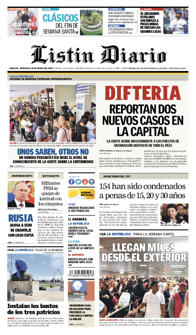 Portada Periódico Listín Diario, Miércoles 28 de Marzo 2018