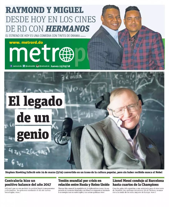 Portada Periódico Metro, Jueves 15 de Marzo 2018