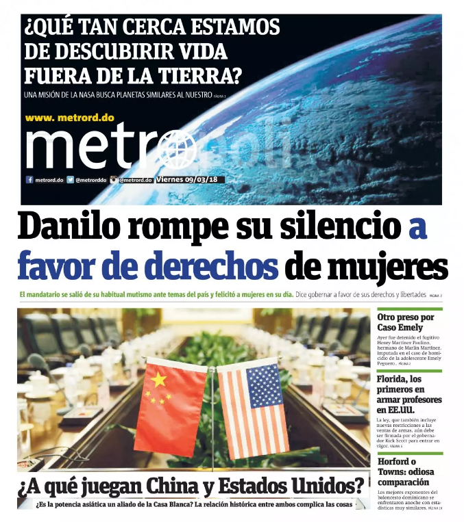 Portada Periódico Metro, Viernes 09 de Marzo 2018