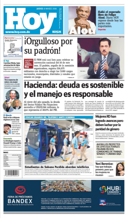 Portada Periódico Periódico Hoy, Jueves 08 de Marzo 2018