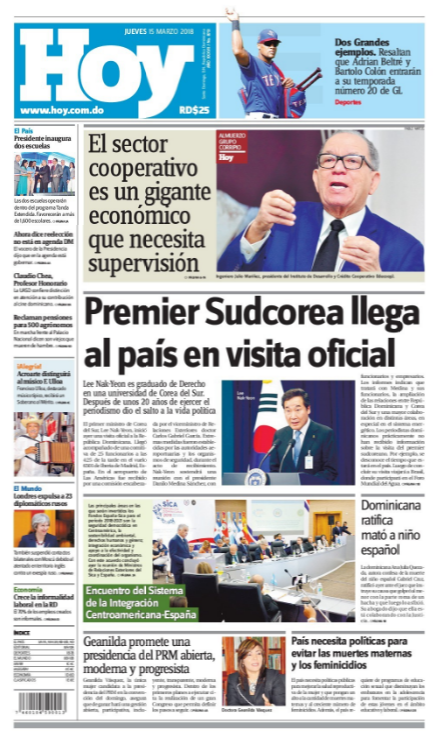 Portada Periódico Periódico Hoy, Jueves 15 de Marzo 2018