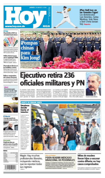 Portada Periódico Periódico Hoy, Jueves 29 de Marzo 2017