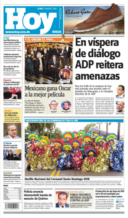 Portada Periódico Periódico Hoy, Lunes 05 de Marzo 2018