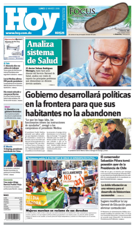 Portada Periódico Periódico Hoy, Lunes 12 de Marzo 2018