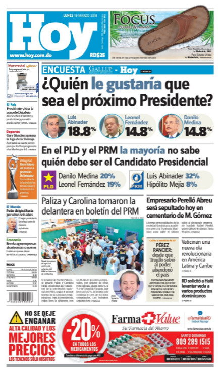 Portada Periódico Periódico Hoy, Lunes 19 de Marzo 2018
