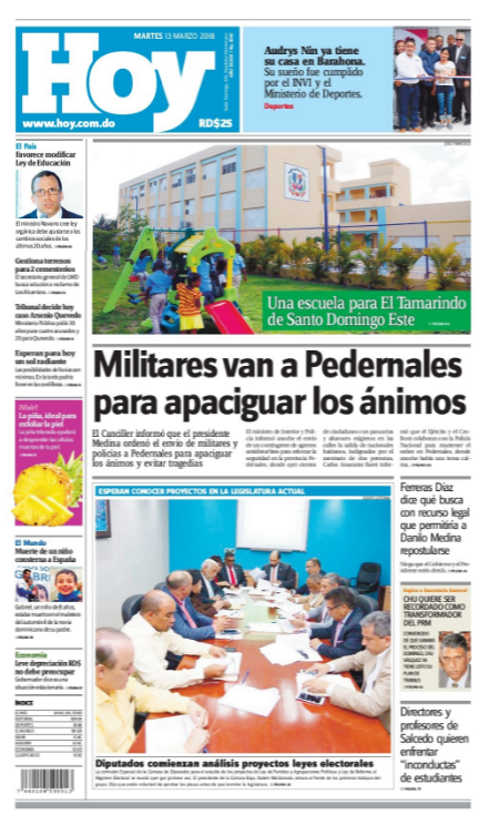 Portada Periódico Periódico Hoy, Martes 13 de Marzo 2018