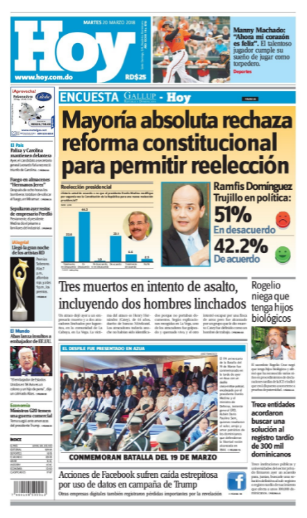 Portada Periódico Periódico Hoy, Martes 20 de Marzo 2018