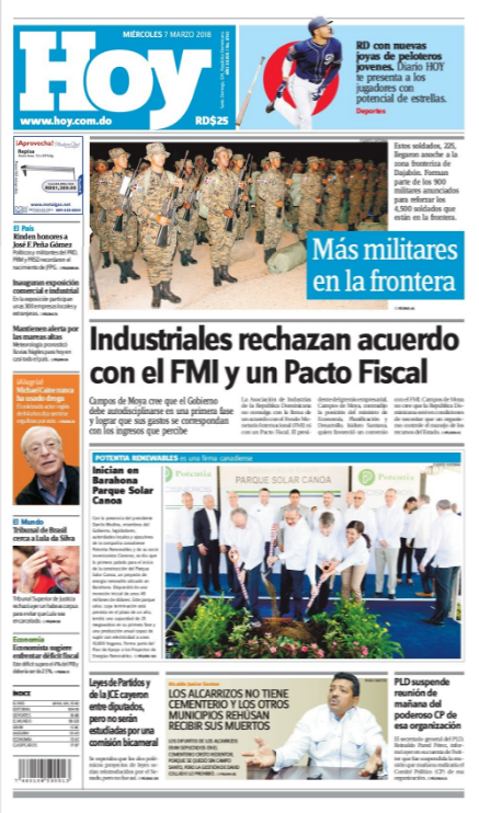 Portada Periódico Periódico Hoy, Miércoles 07 de Marzo 2018