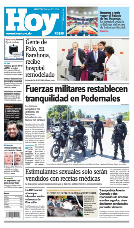 Portada Periódico Periódico Hoy, Miércoles 14 de Marzo 2018