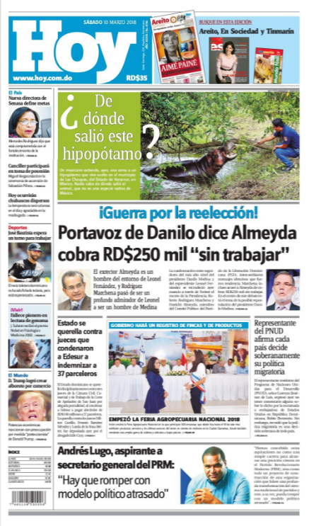 Portada Periódico Periódico Hoy, Sábado 10 de Marzo 2018
