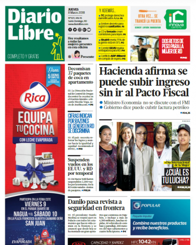 Portada Periódico Diario Libre, Jueves 08 de Marzo 2018