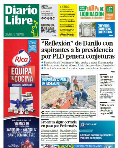 Portada Periódico Diario Libre, Jueves 15 de Marzo 2018