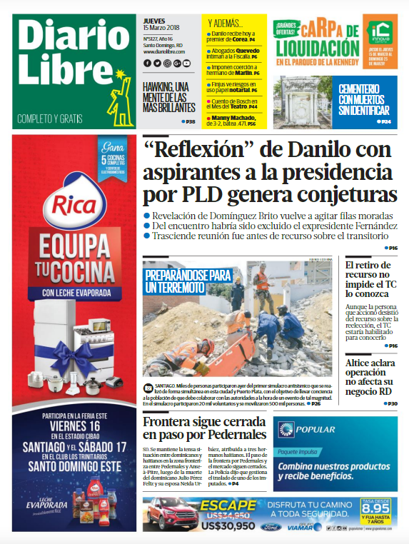 Portada Periódico Diario Libre, Jueves 15 de Marzo 2018