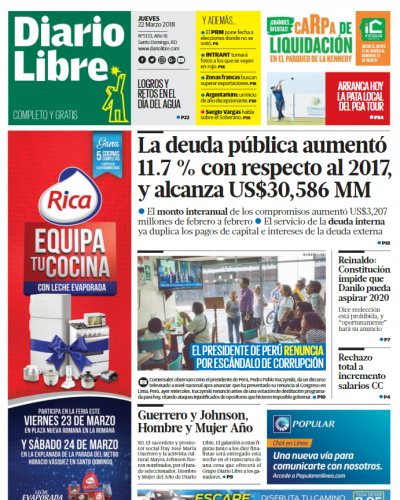 Portada Periódico Diario Libre, Jueves 22 de Marzo 2018