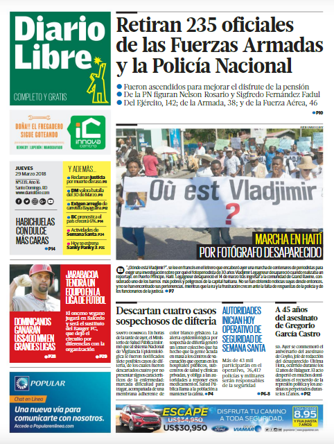 Portada Periódico Diario Libre, Jueves 29 de Marzo 2017