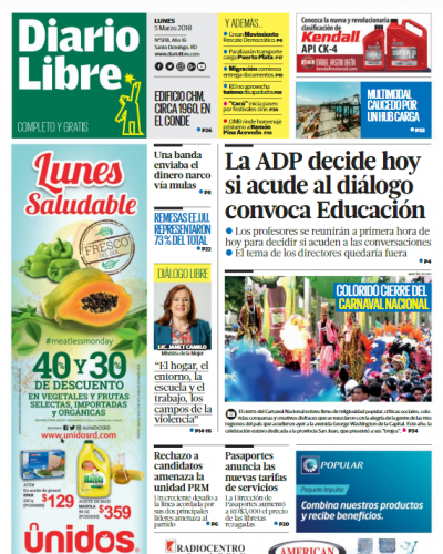 Portada Periódico Diario Libre, Lunes 05 de Marzo 2018