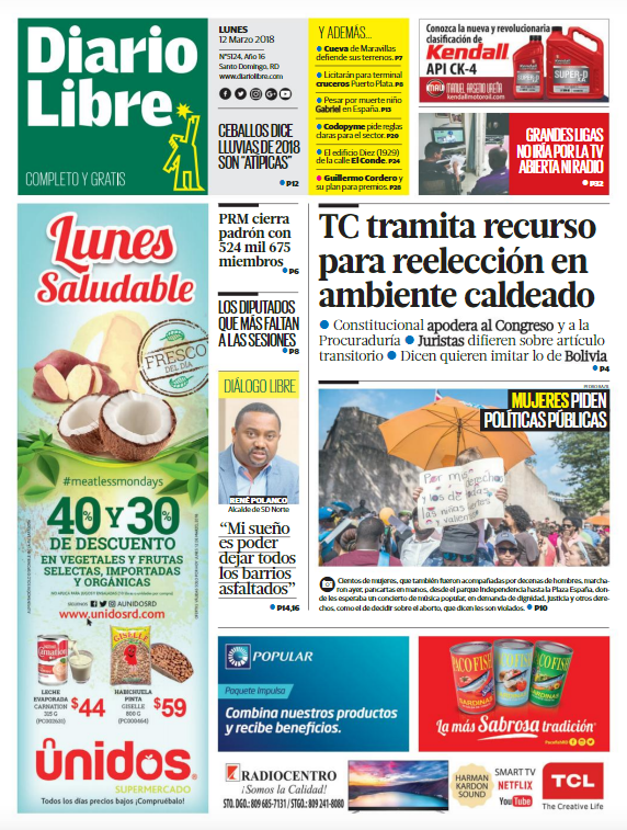 Portada Periódico Diario Libre, Lunes 12 de Marzo 2018