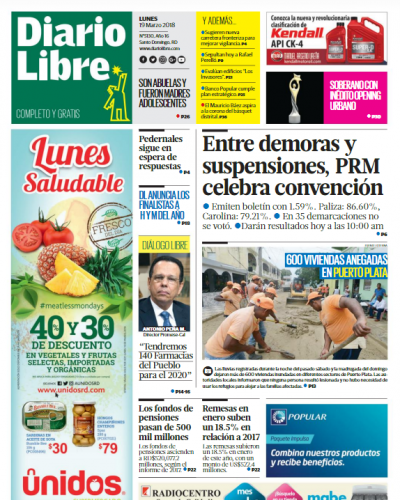 Portada Periódico Diario Libre, Lunes 19 de Marzo 2018