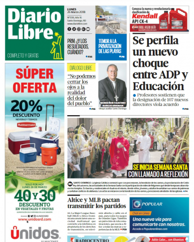 Portada Periódico Diario Libre, Lunes 26 de Marzo 2018