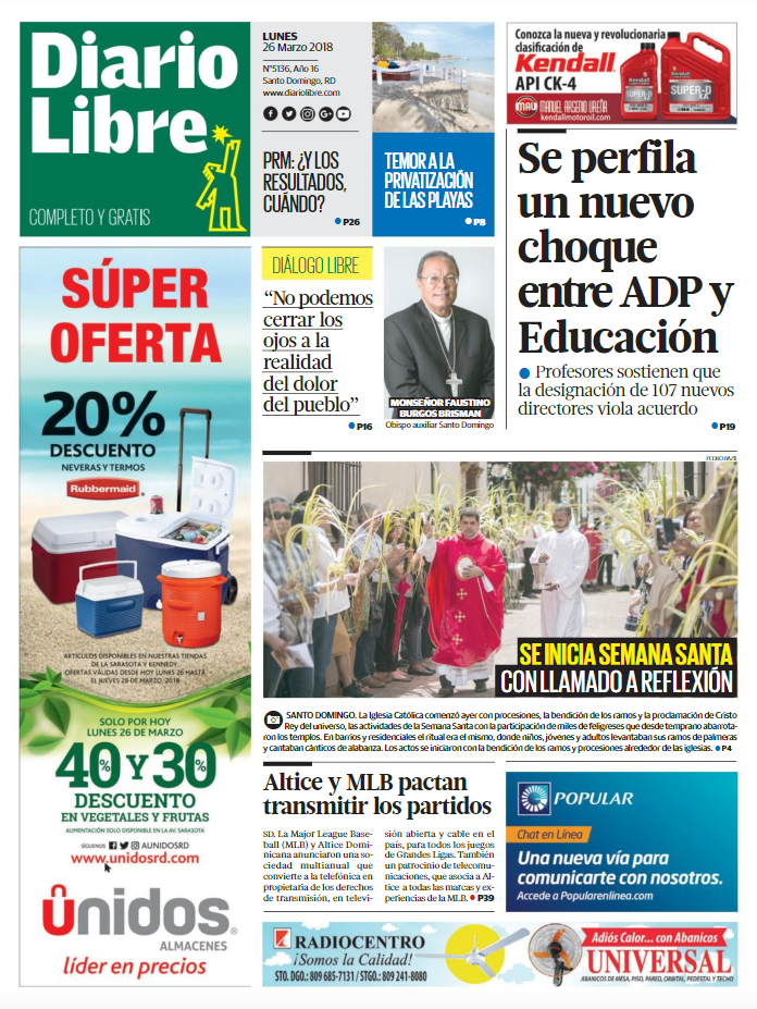 Portada Periódico Diario Libre, Lunes 26 de Marzo 2018