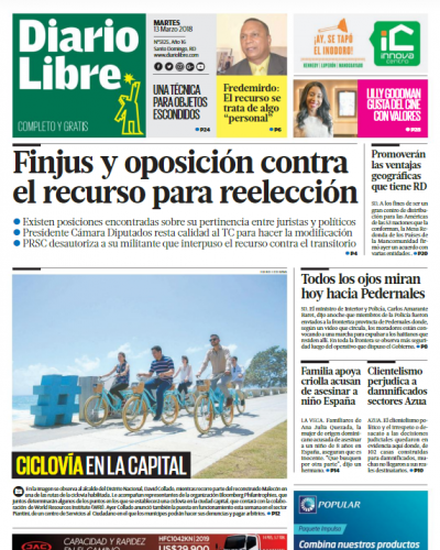 Portada Periódico Diario Libre, Martes 13 de Marzo 2018