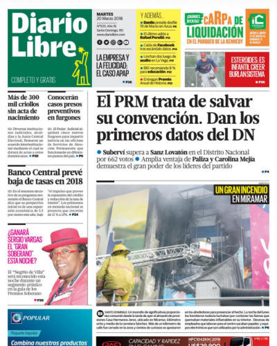 Portada Periódico Diario Libre, Martes 20 de Marzo 2018