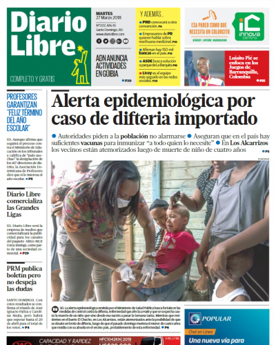 Portada Periódico Diario Libre, Martes 27 de Marzo 2018