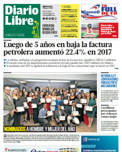 Portada Periódico Diario Libre, Miércoles 07 de Marzo 2018