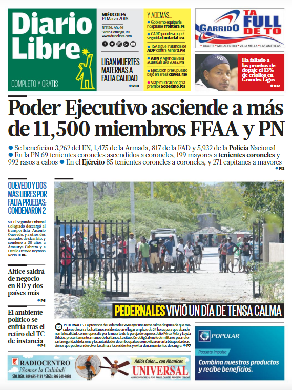 Portada Periódico Diario Libre, Miércoles 14 de Marzo 2018