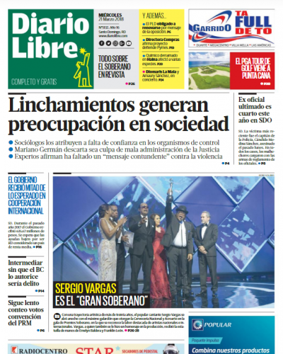 Portada Periódico Diario Libre, Miércoles 21 de Marzo 2018