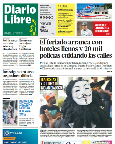 Portada Periódico Diario Libre, Miércoles 28 de Marzo 2018