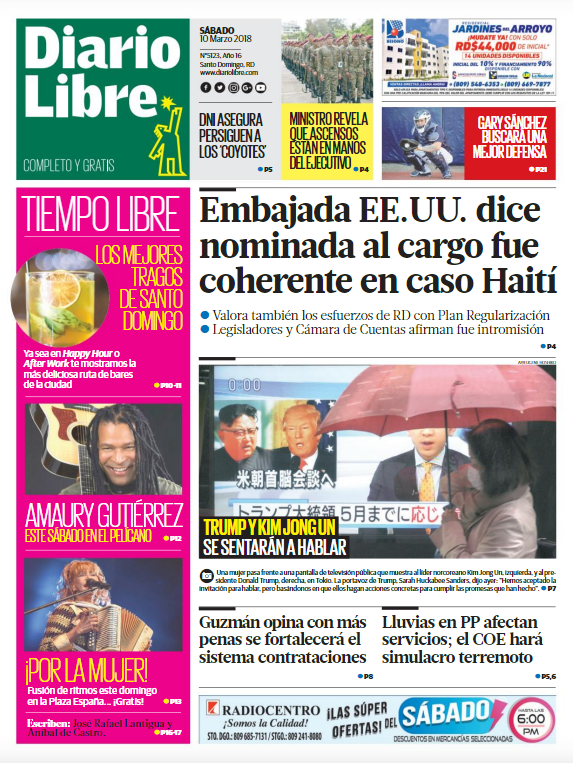 Portada Periódico Diario Libre, Sábado 10 de Marzo 2018