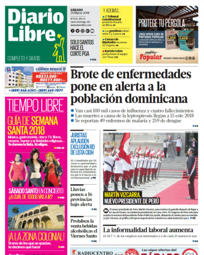 Portada Periódico Diario Libre, Sábado 24 de Marzo 2018