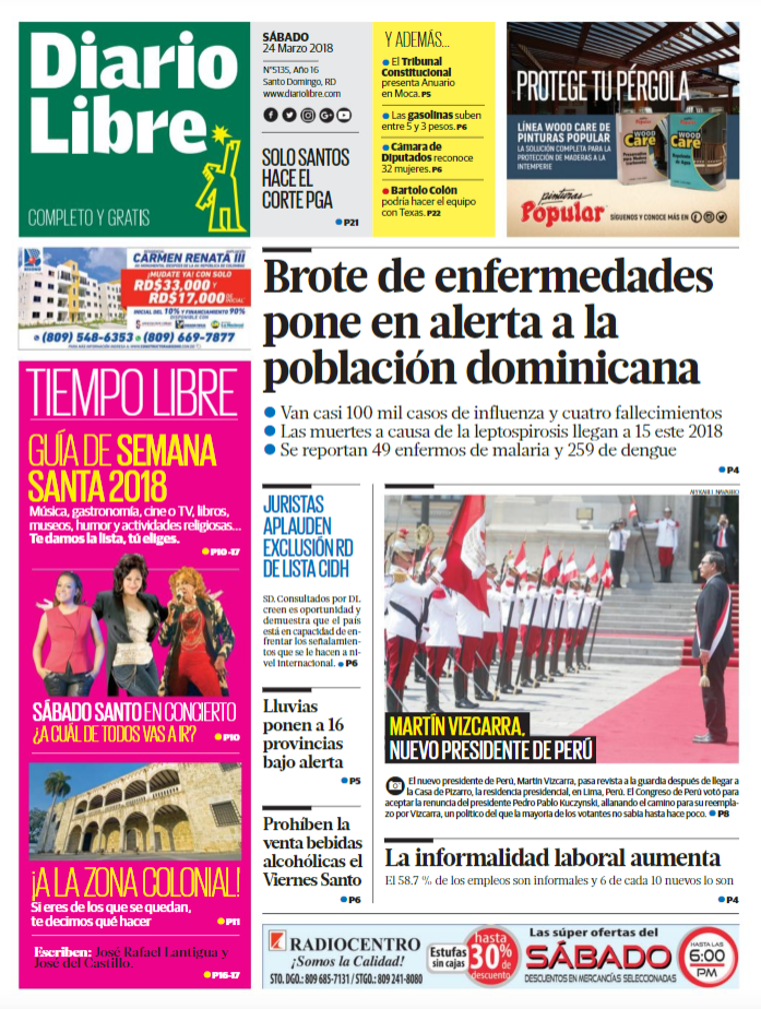 Portada Periódico Diario Libre, Sábado 24 de Marzo 2018