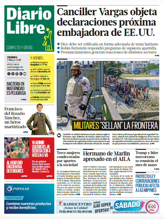 Portada Periódico Diario Libre, Viernes 09 de Marzo 2018