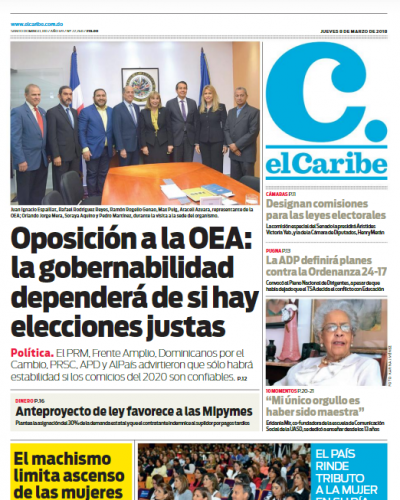 Portada Periódico El Caribe, Jueves 08 de Marzo 2018