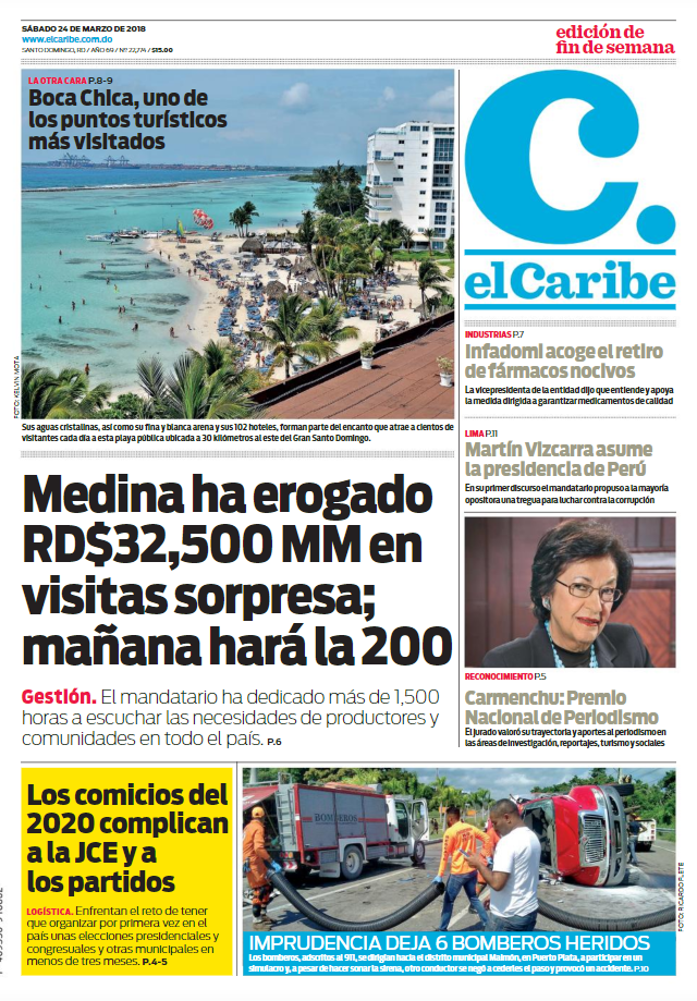 Portada Periódico El Caribe, Sábado 24 de Marzo 2018