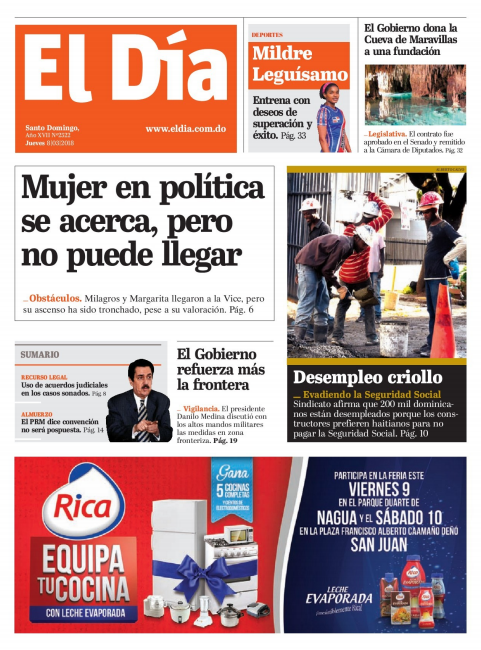Portada Periódico El Día, Jueves 08 de Marzo 2018