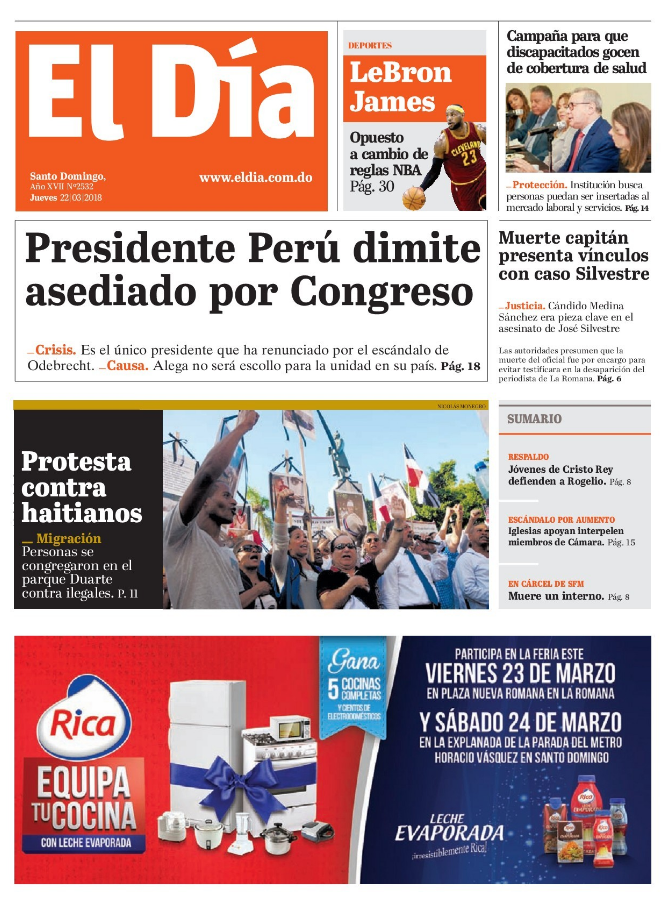 Portada Periódico El Día, Jueves 22 de Marzo 2018