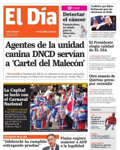 Portada Periódico El Día, Lunes 05 de Marzo 2018